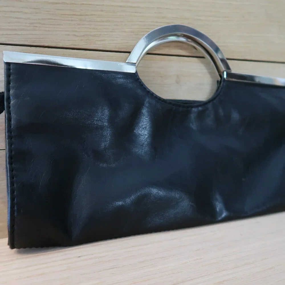 Candie's Black Boho Clutch Wallet Purse Silver Hardware Red Liner Vintage